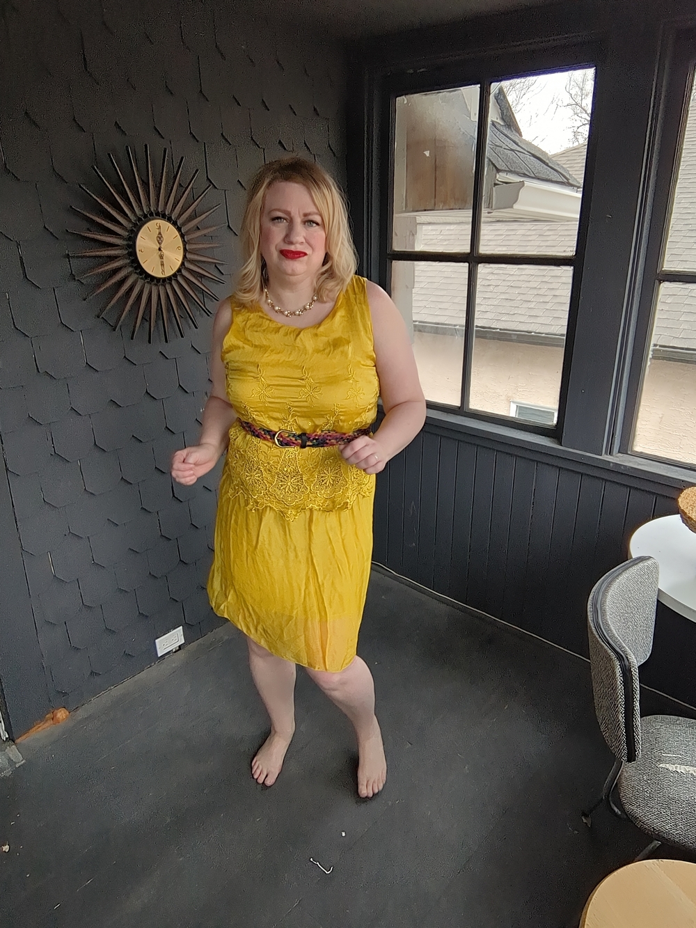 Yellow Silk Sleeveless Lace-Detail Dress